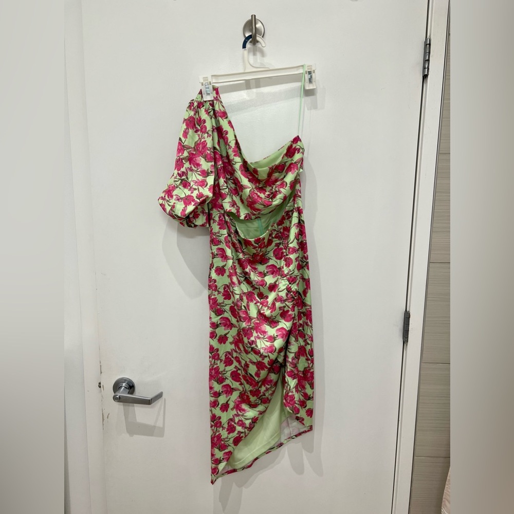 Palmas Satin Floral Cutout Asymmetrical Hem Midi Dress